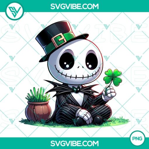 Chibi Jack Skeleton and Happy Patrick Day PNG files with shamrock design, great for St. Patrick's Day digital projects.