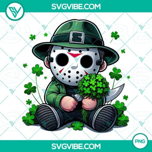 Chibi Jason Patrick Day and Jason Voorhees Shamrock design in PNG file, perfect for Halloween and St. Patrick's Day themes.