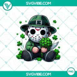 Chibi Jason Patrick Day and Jason Voorhees Shamrock PNG images for St. Patrick's Day. Cute cartoon design with horror character and shamrock elements.