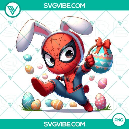 Chibi Spider Man Easter Bunny and Hero Easter PNG images with Happy Easter Eggs, perfect for seasonal designs and digital projects.