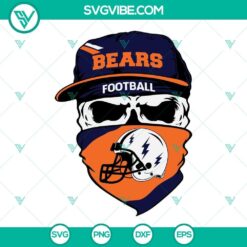 Chicago Bears themed skull SVG design with football elements, includes PNG, DXF, and EPS cut files for crafting projects.