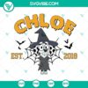 Chloe Bluey Halloween Est 2018 SVG featuring Chloe and Bluey the dog dressed as witches. Perfect for Halloween crafts and decor.