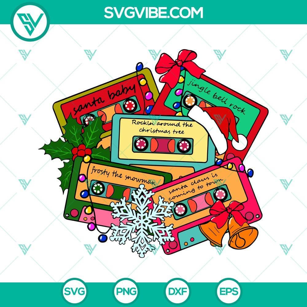 christmas-cassette-tapes-svg-christmas-music-90s-svg-cassette-christmas-svg-png-dxf-eps-file-design-7-mockup.jpg Christmas cassette tapes SVG images with 90s Christmas music theme, perfect for holiday crafts and projects.
