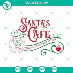 Christmas themed hot cocoa and Santa Cafe SVG files with Santa Claus design, perfect for holiday crafts.