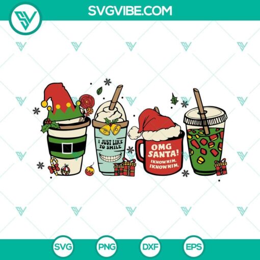 Christmas movie themed Elf coffee cup SVG files with text "Omg Santa I Know Him" for download. Great for holiday crafts.