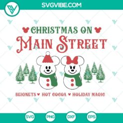 Disney Christmas SVG images of Mickey and Minnie Mouse celebrating Christmas on Main Street, perfect for holiday crafts and decorations.