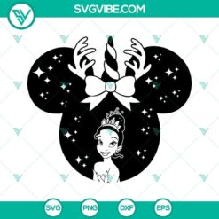 Disney Christmas Tiana Princess SVG featuring festive mouse head design in PNG format, perfect for holiday crafts and projects.