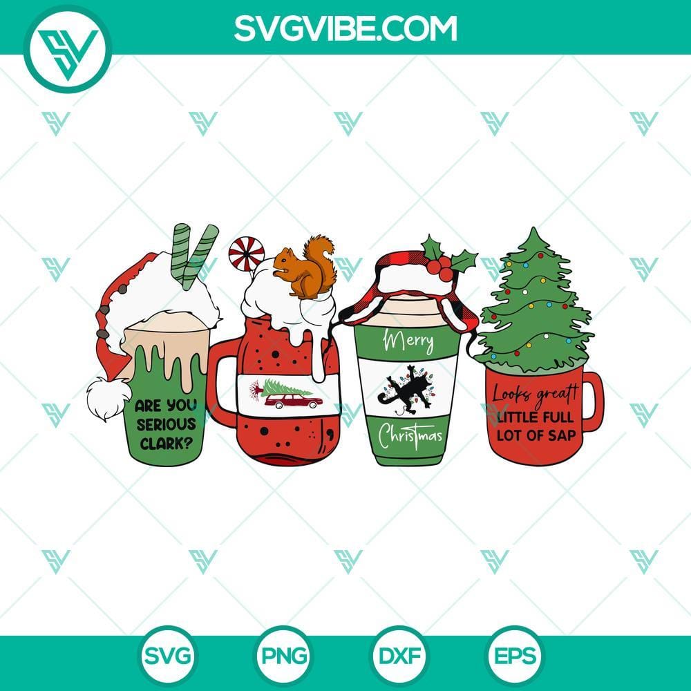 Christmas Vacation SVG Image, Christmas Coffee Cup SVG Download, Christmas Movie Christmas Vacation SVG featuring a festive coffee cup design for Christmas movie lovers. Perfect for holiday crafting projects. Download now!