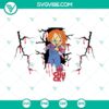 Chucky horror Halloween killer theme SVG, featuring a Starbucks cup breaking through a wall. Ideal for spooky digital designs.
