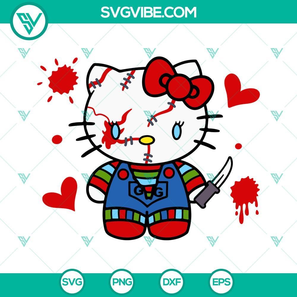 Chucky Hello Kitty SVG Images, Kawaii Halloween SVG Files PNG DXF EPS Files Chucky Hello Kitty SVG Images for Halloween, Kawaii design with PNG, DXF, EPS files, cute and spooky Hello Kitty in horror theme.