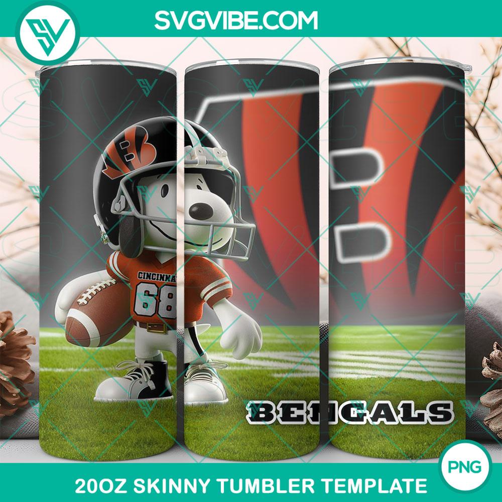 Cincinnati Bengals Football Snoopy 3D 20oz Tumbler Wrap PNG File Cincinnati Bengals Football Snoopy 3D 20oz Tumbler Wrap PNG File, featuring Snoopy playing football with Bengals team colors, logo and design.
