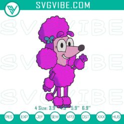 Cute pink poodle cartoon character embroidery design, Coco Bluey file. Perfect for digital projects.