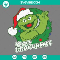 Cookie Monster as the Grinch in a festive design, Merry Grouchmas SVG image in PNG, EPS, and DXF files for Christmas crafts.