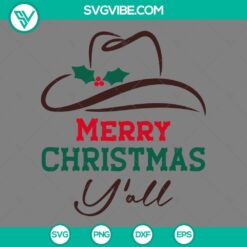 Cowboy hat Merry Christmas and Western Christmas Y'all SVG images with holiday theme. Great for Christmas crafts and projects.
