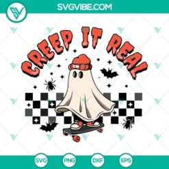 Creep It Real Ghost Skateboard SVG with Halloween theme for skateboarding enthusiasts. Vector graphic file perfect for DIY projects.
