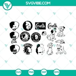Cruella and 101 Dalmatians themed SVG and PNG image files for crafting projects, featuring Cruella De Vil and Dalmatian designs.