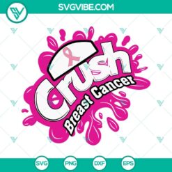 Pink ribbon and heart design with text "Crush Breast Cancer" in SVG, PNG, DXF, and EPS cut files for Cricut machines.