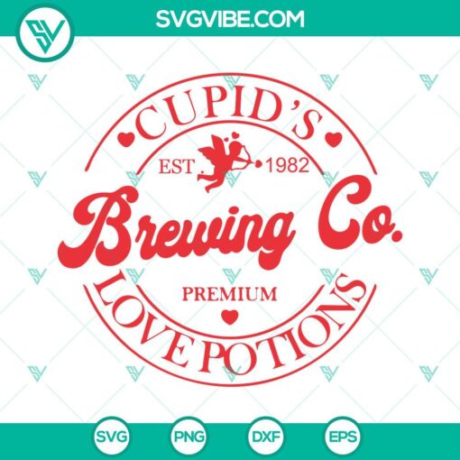 Cupids Brewing Co SVG design with Cupid Valentines Day and Love Potions SVG files for romantic Valentine's Day crafts and projects.