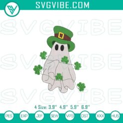 St. Patrick's Day ghost embroidery file with cute shamrock design, perfect for crafts and apparel decoration.