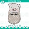 Embroidery file of cute pig in pocket design, farm animal embroidery template for crafts.