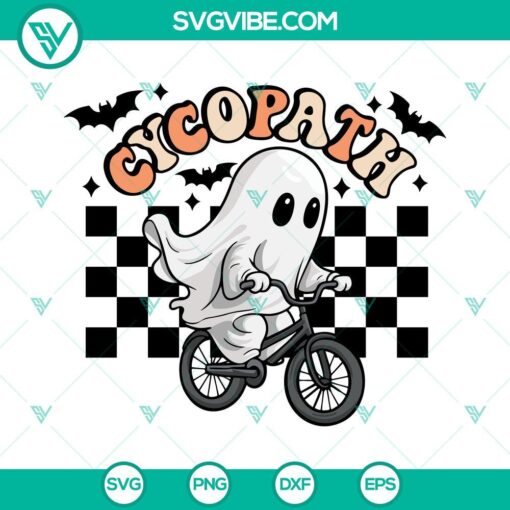 Retro ghost Halloween SVG design of a cycopath riding a bicycle, ideal for spooky projects.