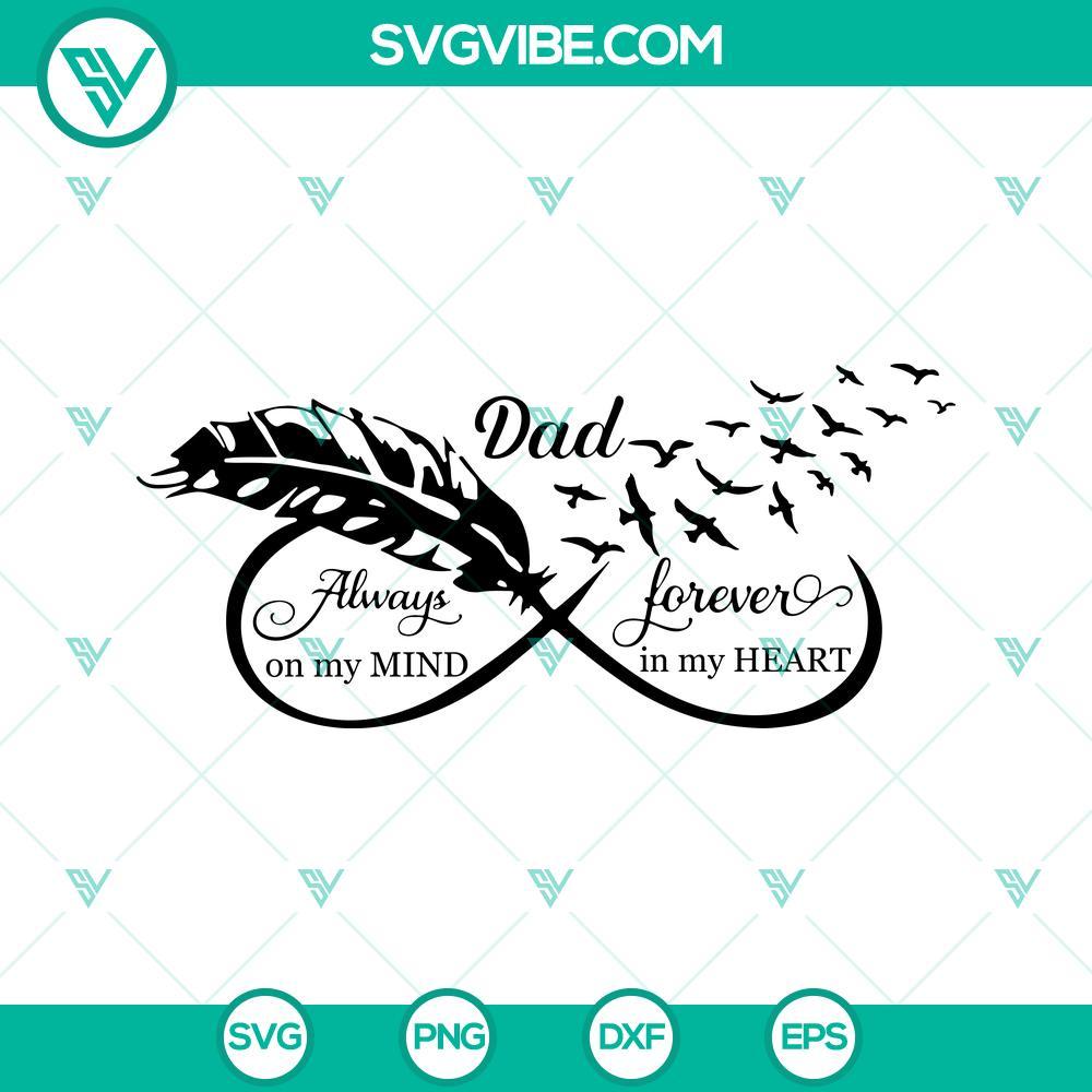 dad-always-on-my-mind-forever-in-my-heart-svg-dad-memorial-svg-dad-angel-wings-svg-father-s-day-svg-1-mockup.jpg "Dad memorial SVG files with heartfelt quote. Downloadable, sentimental design for crafts and more. Ideal for Father's Day projects."