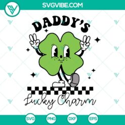 Daddy’s Lucky Charm SVG with cute shamrock design for retro St. Patrick's Day, downloadable graphics. Perfect for crafts and digital projects.