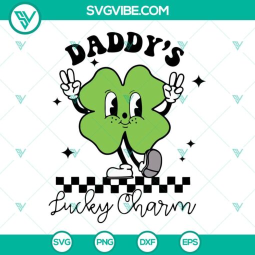 Daddy’s Lucky Charm SVG with cute shamrock design for retro St. Patrick's Day, downloadable graphics. Perfect for crafts and digital projects.