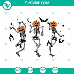 Spooky Halloween SVG featuring dancing pumpkin head skeletons. Perfect for Halloween projects and crafts.