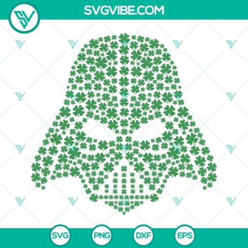 Darth Vader Lucky Clover SVG, Star Wars themed shamrock design, ideal for St. Patrick's Day crafts, Vader helmet with clover elements.