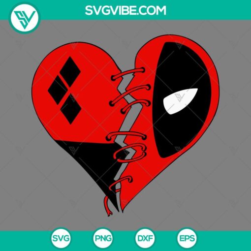 Deadpool and Harley Queen hearts SVG files, Marvel and DC Valentine SVG images PNG EPS DXF file - Superhero love design for Valentine's Day.