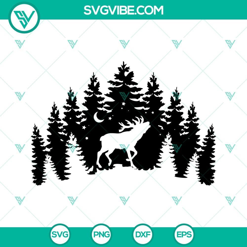 deer-in-the-forest-svg-deer-silhouette-svg-pine-trees-svg-stag-svg-hunting-svg-buck-svg-digital-download-7-mockup.jpg Deer silhouette and stag in the forest with pine trees - wildlife SVG files perfect for crafting projects.