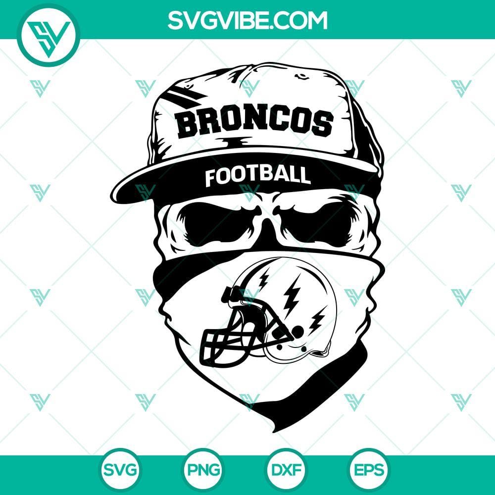 Denver Broncos Skull SVG, Broncos Football SVG PNG DXF EPS Cut Files Denver Broncos skull SVG file with Broncos football design in PNG, DXF, and EPS format for cutting.