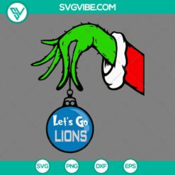 Detroit Lions Grinch hand holding ornament SVG, festive Detroit Lions Christmas design for download.