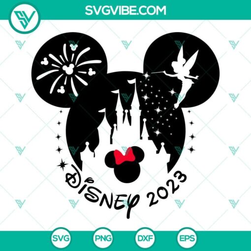 Disney 2023 Minnie Head and Tinker Bell Castle SVG images featuring magic theme for crafts and projects.