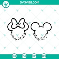 Disney 2023 SVG with Mickey and Minnie Mouse ears design for Family Trip 2023, ideal for t-shirts and vacation themed DIY crafts.