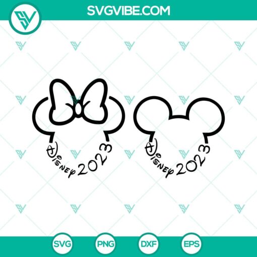 Disney 2023 SVG with Mickey and Minnie Mouse ears design for Family Trip 2023, ideal for t-shirts and vacation themed DIY crafts.