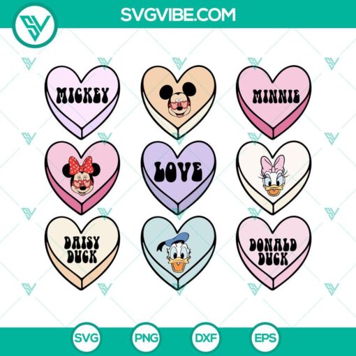 Disney Candy Heart Valentines SVG Files with Conversation Hearts Design, ideal for SVG Download for Valentine's Crafts such as Disney-themed items.