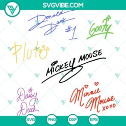 Disney Characters Signatures SVG for Cricut, featuring autographs of Mickey Mouse and friends. Perfect for crafts.