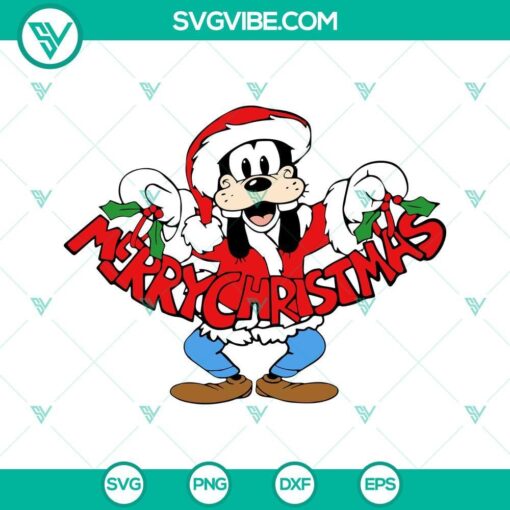 Disney Goofy Merry Christmas SVG files for Cricut and Silhouette, featuring festive holiday design with EPS and PNG formats.