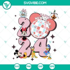 Disney Happy New Year 2024 SVG with Mickey and Friends dancing around a disco ball, PNG files for download.