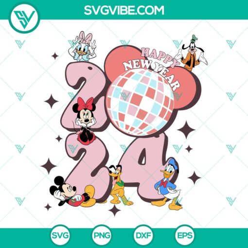 Disney Happy New Year 2024 SVG with Mickey and Friends dancing around a disco ball, PNG files for download.