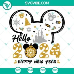 Disney Mickey Hello 2024 SVG Image with Happy New Year and Merry Christmas elements, perfect for 2024 celebrations. Download now.