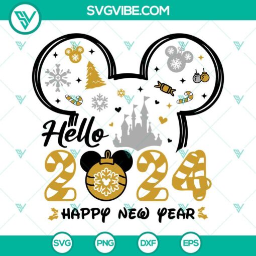 Disney Mickey Hello 2024 SVG Image with Happy New Year and Merry Christmas elements, perfect for 2024 celebrations. Download now.