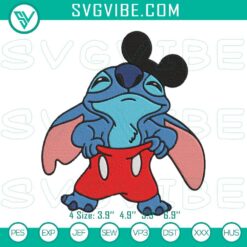 Custom Mickey Mouse machine embroidery design featuring Disney's Stitch character. Funny cartoon file for stitching projects.