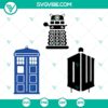 Doctor Who SVG bundle featuring TARDIS and Dalek designs in PNG, DXF, EPS formats for cutting machines. Perfect for Whovians and crafters.