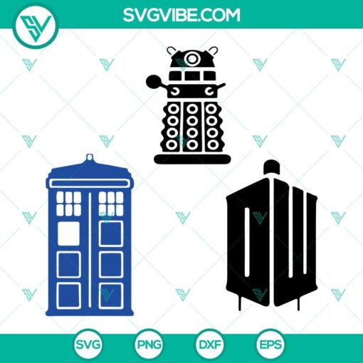 Doctor Who SVG bundle featuring TARDIS and Dalek designs in PNG, DXF, EPS formats for cutting machines. Perfect for Whovians and crafters.