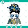Leopard messy bun Down Syndrome Mom SVG with blue and yellow ribbon for craft projects. Ideal for designs supporting Down Syndrome awareness.