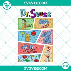 Whimsical Dr. Seuss characters PNG files with The Lorax, Thing 1, Thing 2, and Horton designs for download.