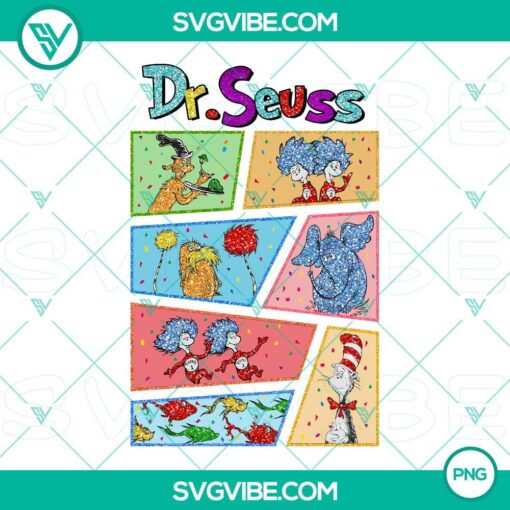 Whimsical Dr. Seuss characters PNG files with The Lorax, Thing 1, Thing 2, and Horton designs for download.